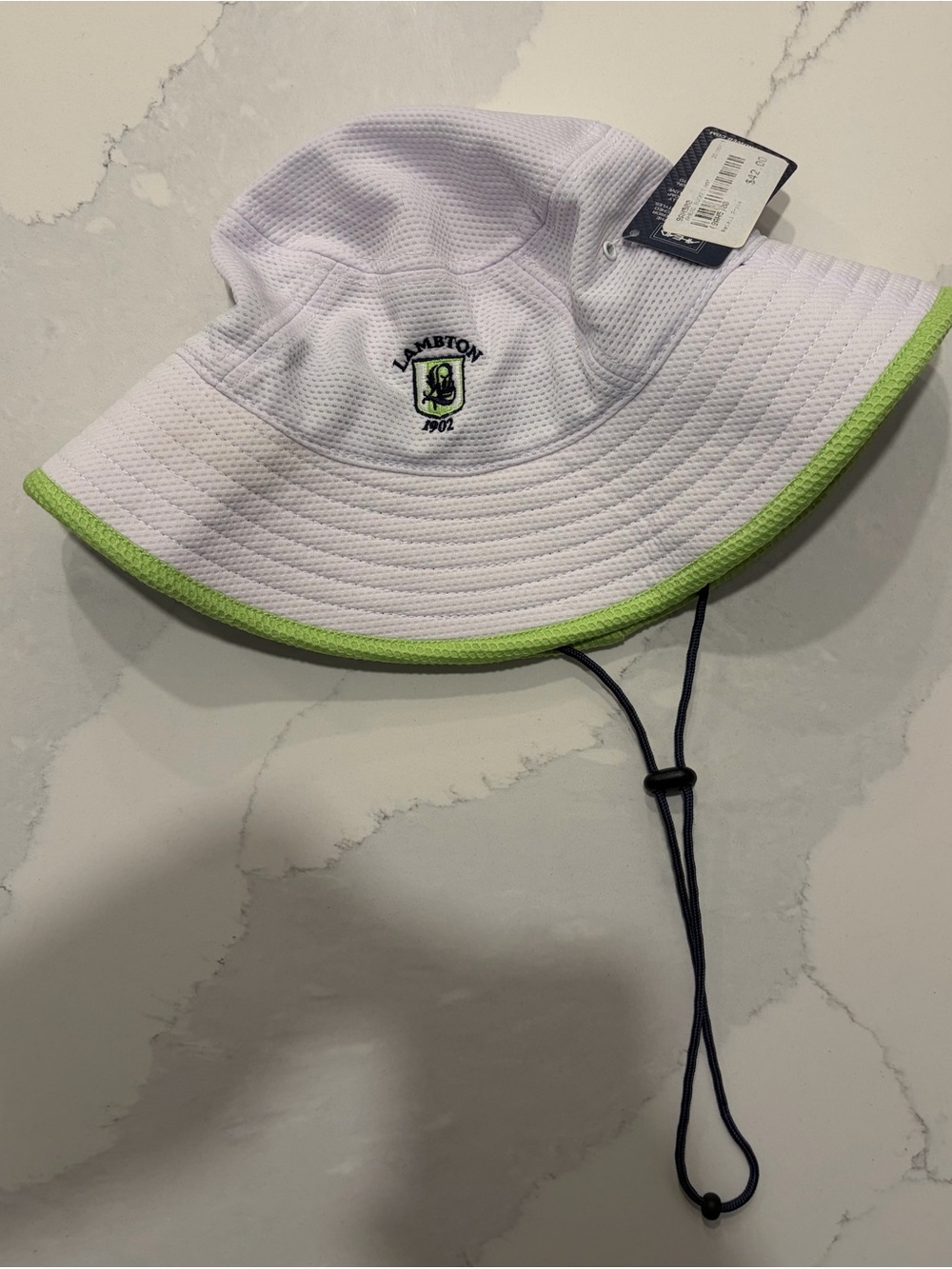Lambton Golf White Bucket Sun Hat with Lime Trim and Navy Chin Cord